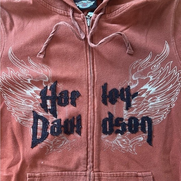 Women’s Harley Davison Full Zip Hoodie embroidery on hood. Letters sewn on front - Picture 3 of 6